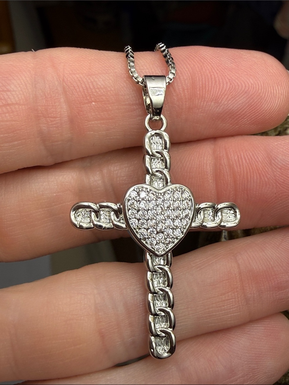 Silver Heart Cross Pendant Necklace MOISSANITE DIAMONDS STUNNING NEW 18-20” adj